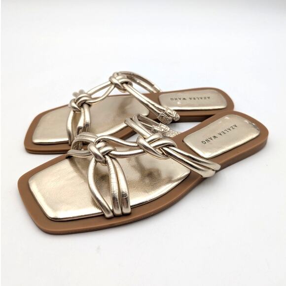 Azalea Wang Stetson Tubular Straps Knot Flat Sandals Women's Gold Sz US7 EU37.5 - Picture 1 of 12